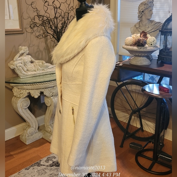 Guess Wool Blend Pea Coat Faux Fur Designer Luxury Celeb Removable Collar #74 - Picture 3 of 11